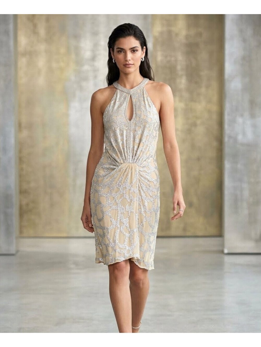ROBERTO CAVALLI IT-38 US-4 Keyhole Embellished Sequin Silver Nude Party Dress
